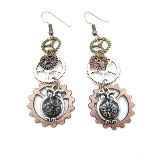 Owl Earrings Vintage Gear Pendant-Jewearrings