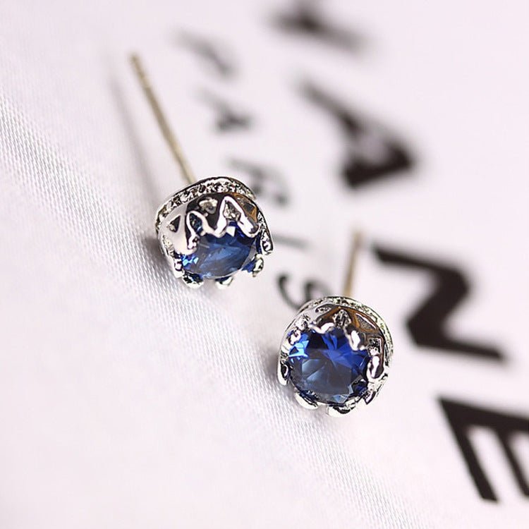 Pair Of Zircon Faux Sapphire Crown Earrings- Blue-Jewearrings