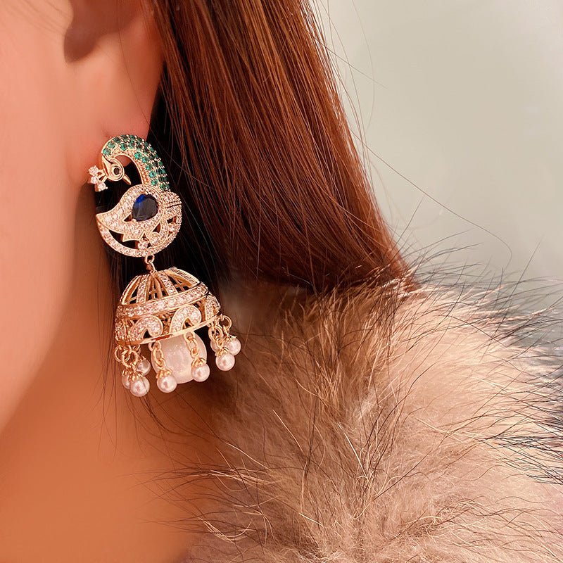 Peacock Earrings Birdcage Pearl Tassel-Jewearrings