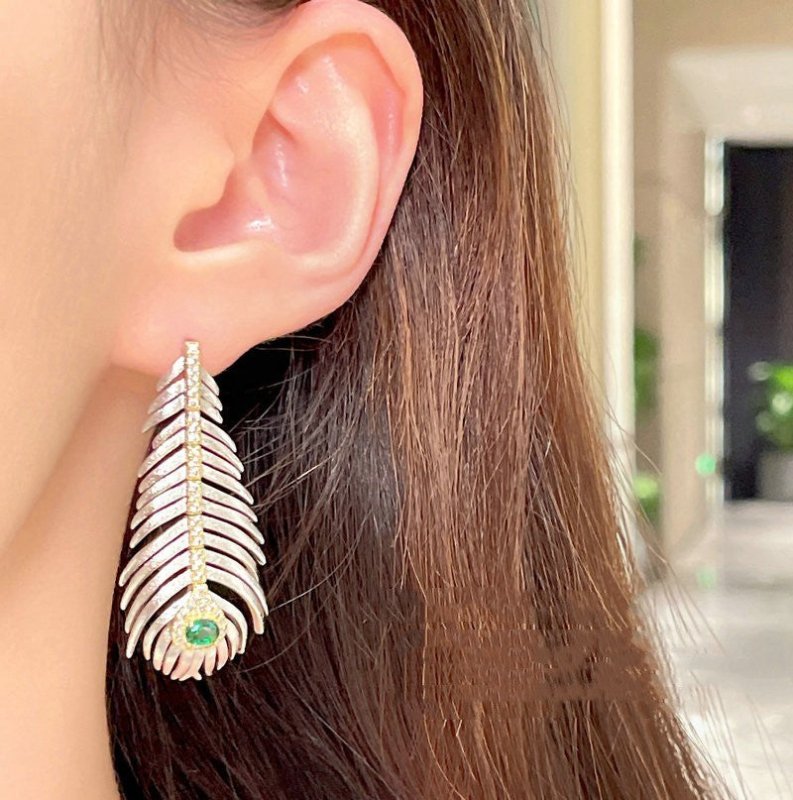 Peacock Earrings Gold Emerald Feather-Jewearrings