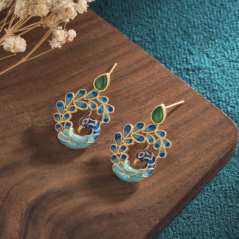 Peacock Earrings Painted Enamel Studs-Jewearrings