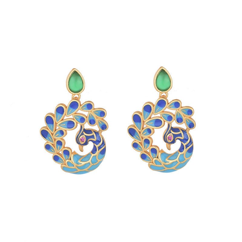 Peacock Earrings Painted Enamel Studs-Jewearrings