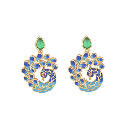 Peacock Earrings Painted Enamel Studs-Jewearrings