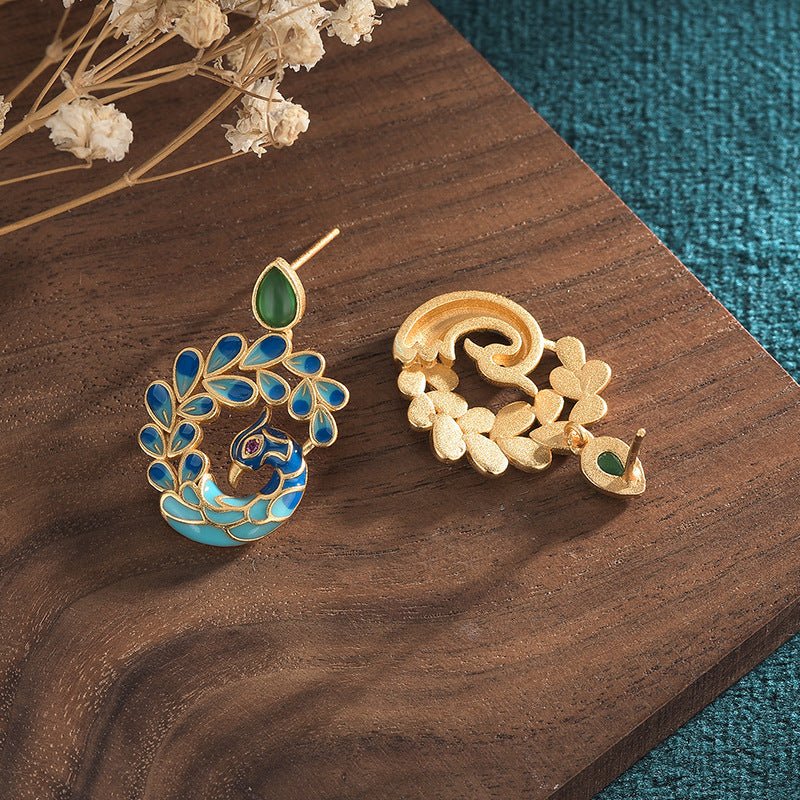 Peacock Earrings Painted Enamel Studs-Jewearrings