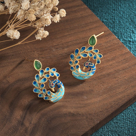 Peacock Earrings Painted Enamel Studs-Jewearrings