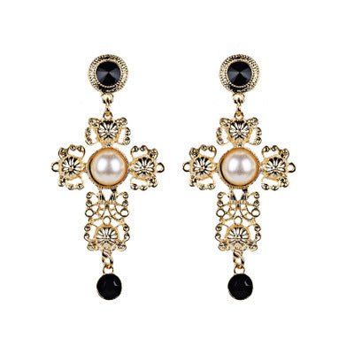 Pearl and diamond cross earrings-Jewearrings