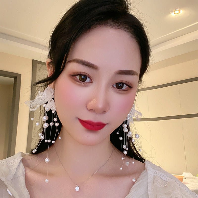 Pearl And Diamond Lace Bow Earrings-Jewearrings