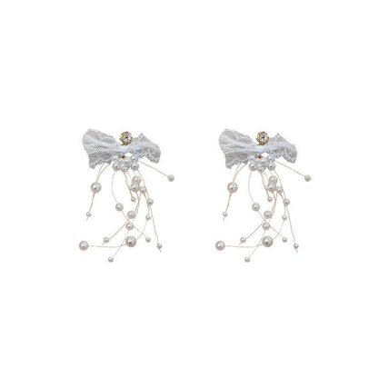 Pearl And Diamond Lace Bow Earrings-Jewearrings