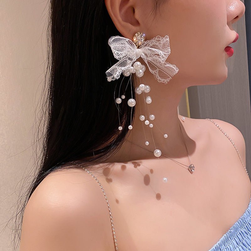 Pearl And Diamond Lace Bow Earrings-Jewearrings