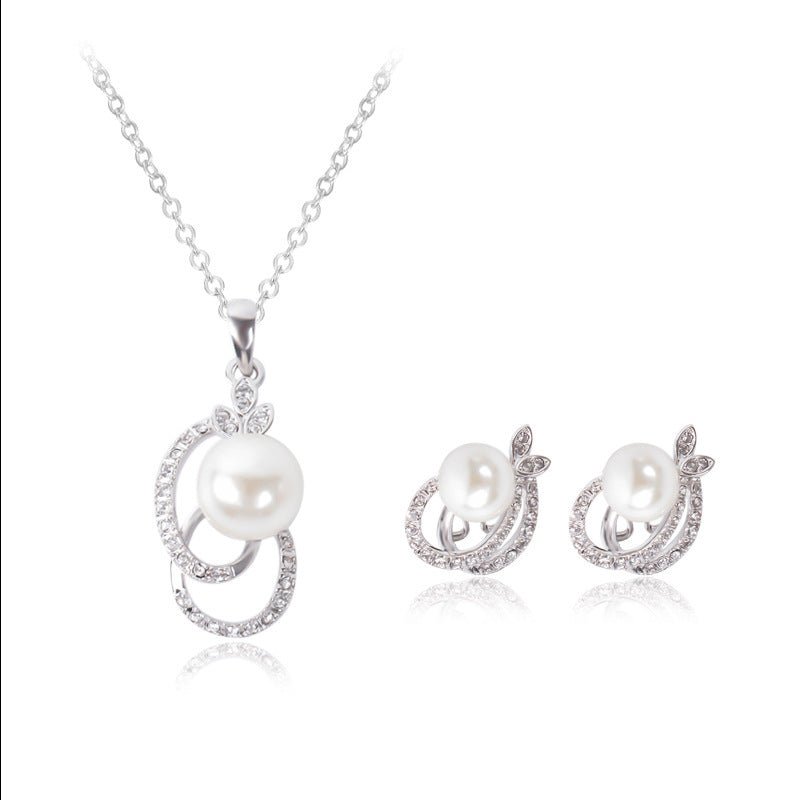 Pearl And Diamond Necklace And Earrings Two-piece Bridal Wedding Jewelry-Jewearrings