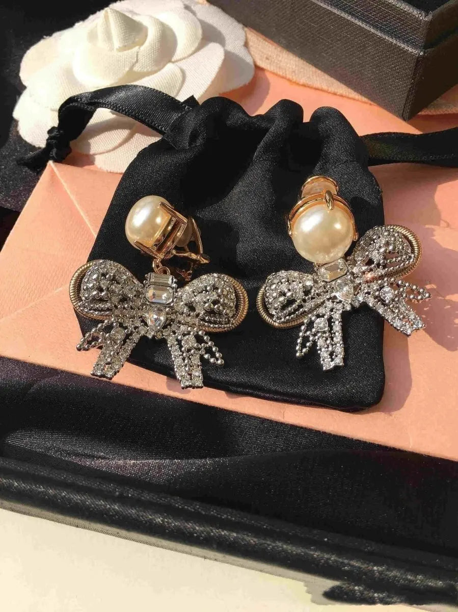 Pearl Bow Earrings - Luxury Diamond & Pearl Studs-Jewearrings