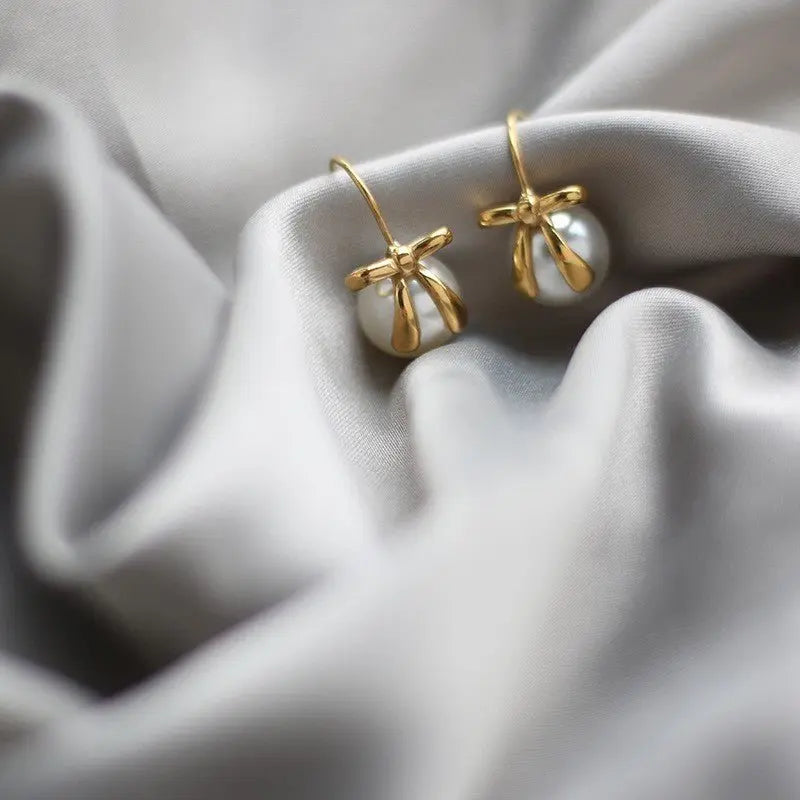 Pearl Bow Earrings - Modern with Titanium Steel Hooks-Jewearrings