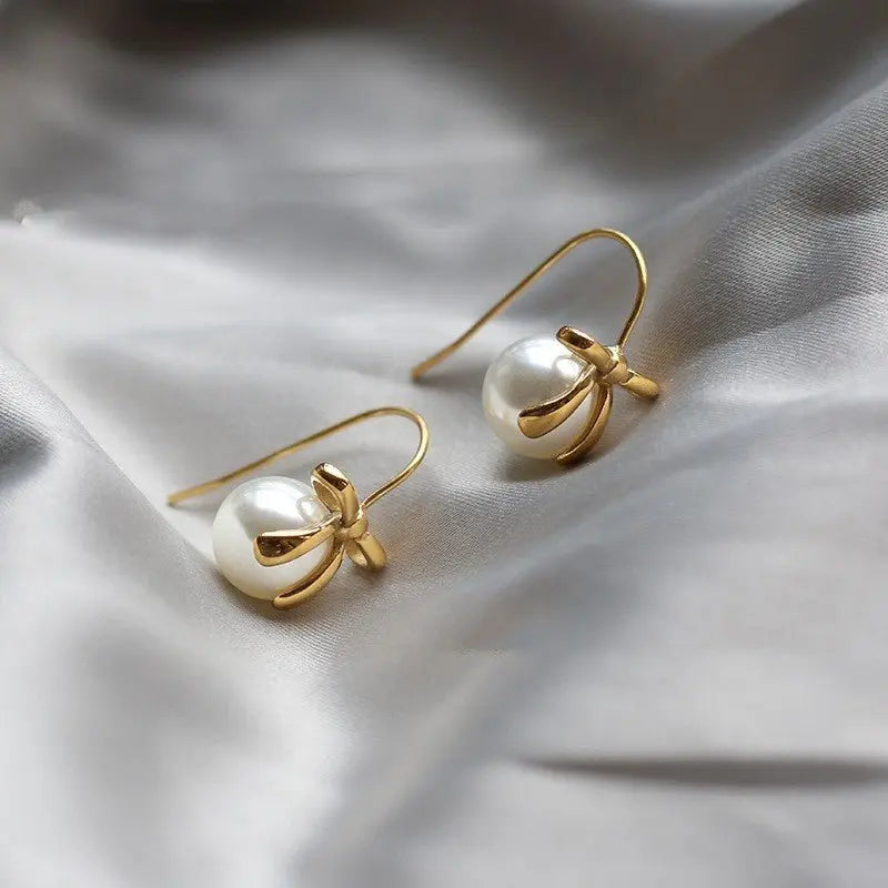 Pearl Bow Earrings - Modern with Titanium Steel Hooks-Jewearrings