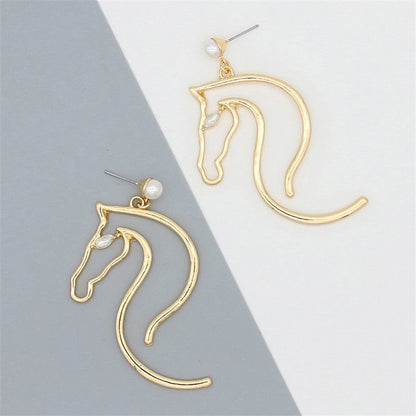 Pearl Ear Jewelry Alloy Horse Head Animal Big Earrings-Jewearrings