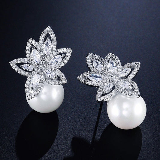 Pearl Flower Earrings AAA Zircon Earrings-Jewearrings