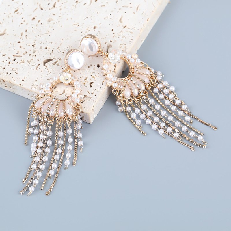 Pearl Flower Earrings - Acrylic Tassel-Jewearrings