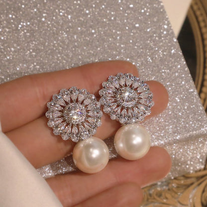 Pearl Flower Earrings Beautiful Zircon-Jewearrings