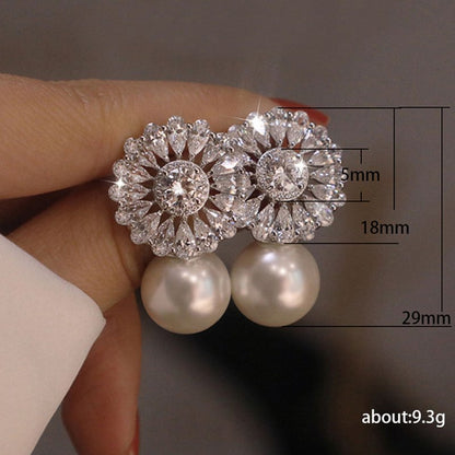 Pearl Flower Earrings Beautiful Zircon-Jewearrings