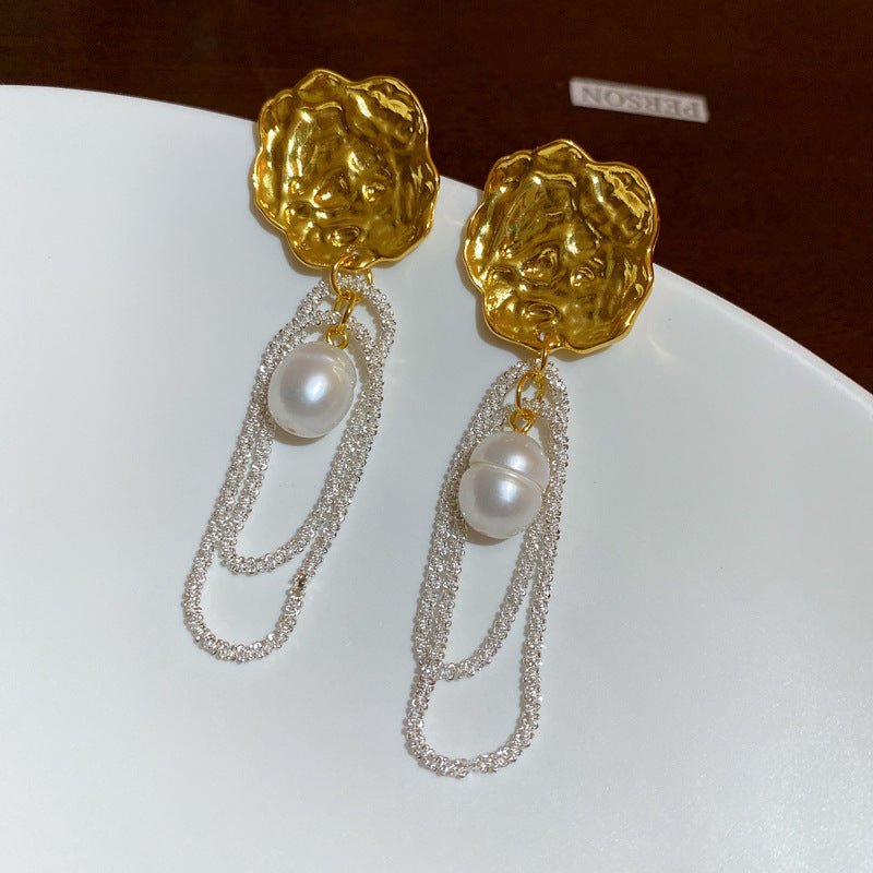 Pearl Flower Earrings Chain Tassel Earrings-Jewearrings