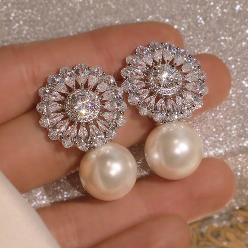 Pearl Flower Earrings Copper Zircon Studs-Jewearrings