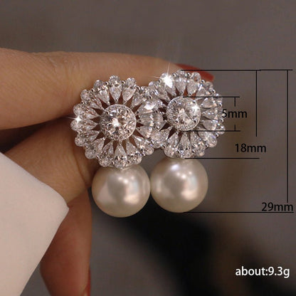 Pearl Flower Earrings Copper Zircon Studs-Jewearrings