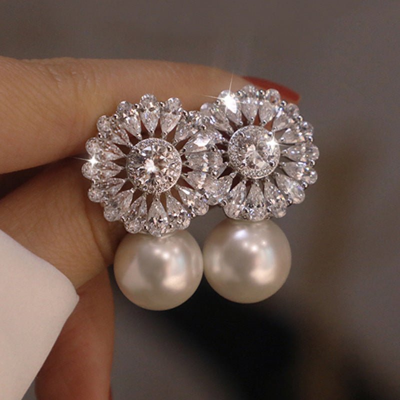 Pearl Flower Earrings Copper Zircon Studs-Jewearrings