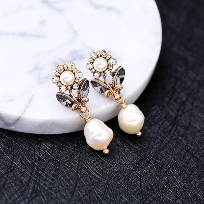 Pearl Flower Earrings Crystal Studs-Jewearrings