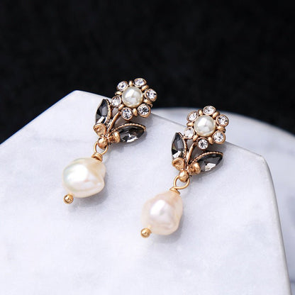 Pearl Flower Earrings Crystal Studs-Jewearrings