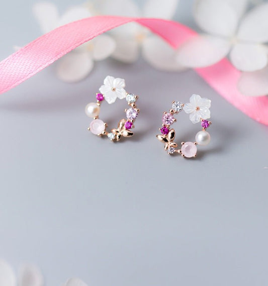 Pearl Flower Earrings Diamond Studs-Jewearrings