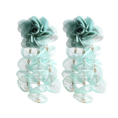 Pearl Flower Earrings - Fabric Tassel-Jewearrings