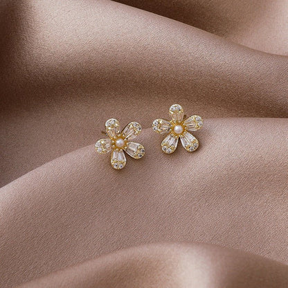 Pearl Flower Earrings Five Petal Flower Stud-Jewearrings