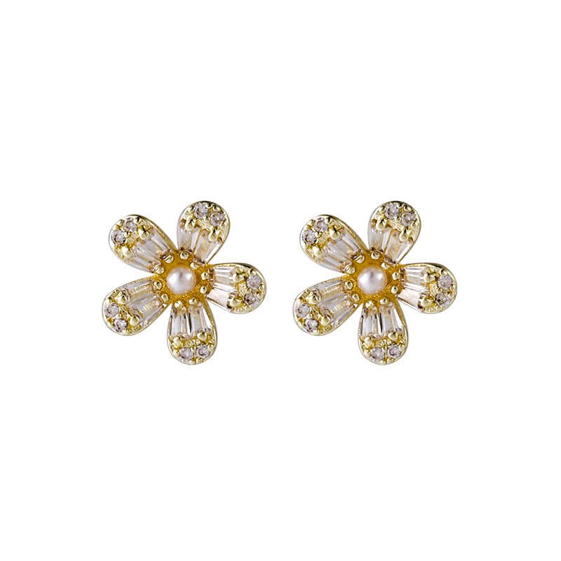 Pearl Flower Earrings Five Petal Flower Stud-Jewearrings