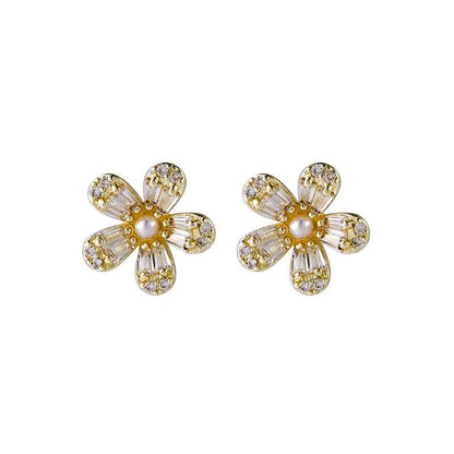 Pearl Flower Earrings Five Petal Flower Stud-Jewearrings