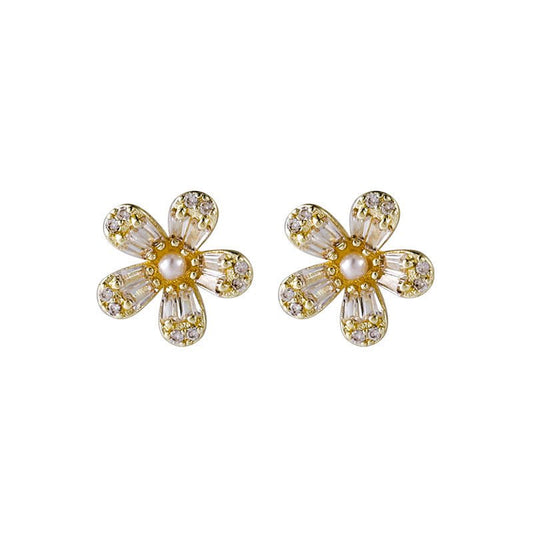 Pearl Flower Earrings Five Petal Flower Stud-Jewearrings