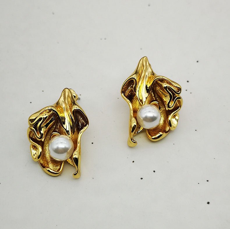 Pearl Flower Earrings Folds Earrings-Jewearrings