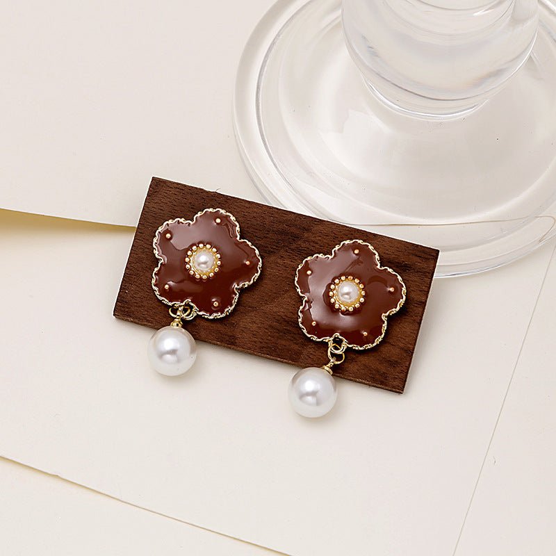 Pearl Flower Earrings French Vintage Studs-Jewearrings