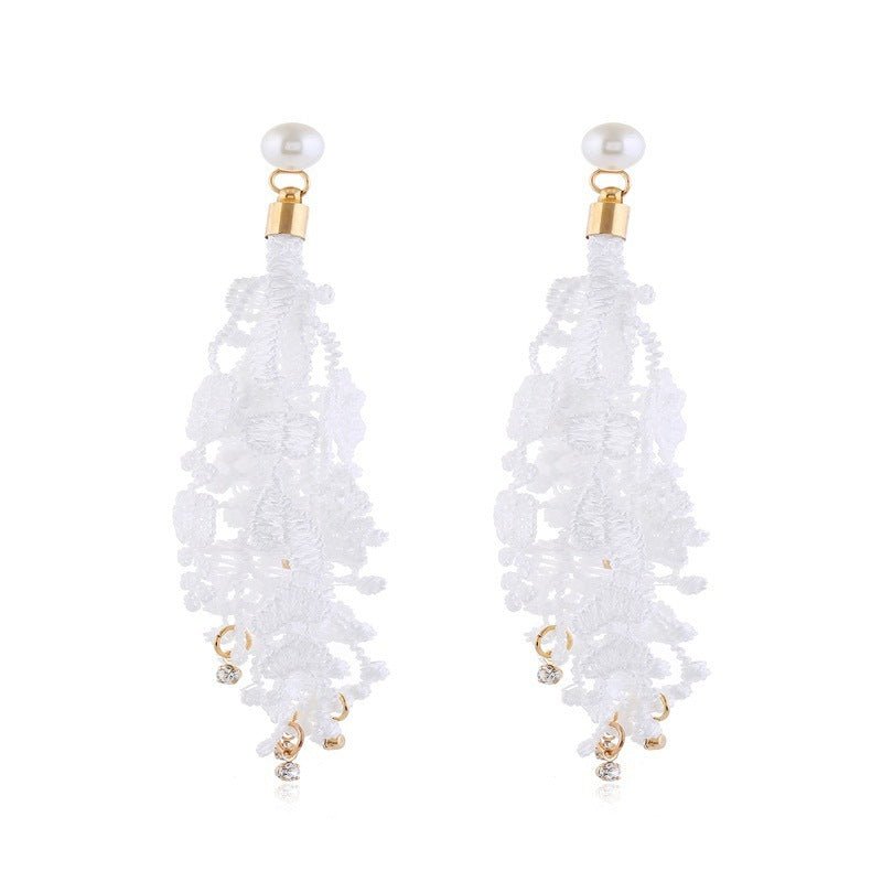 Pearl Flower Earrings Fringed Lace Long Earrings-Jewearrings