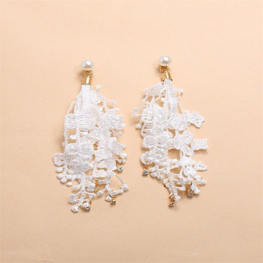 Pearl Flower Earrings Fringed Lace Long Earrings-Jewearrings