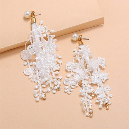 Pearl Flower Earrings Fringed Lace Long Earrings-Jewearrings