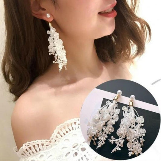 Pearl Flower Earrings Fringed Lace Rhinestone-Jewearrings