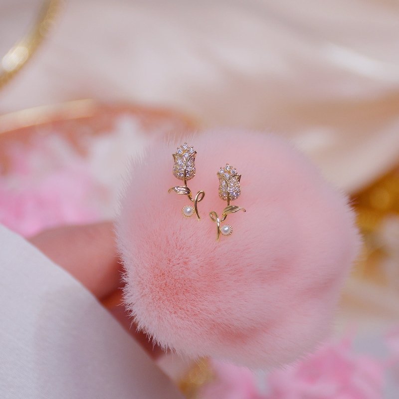 Pearl Flower Earrings Full Diamond-Jewearrings