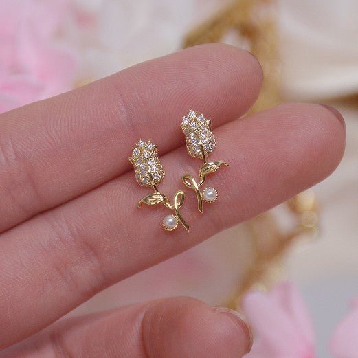 Pearl Flower Earrings Full Diamond-Jewearrings