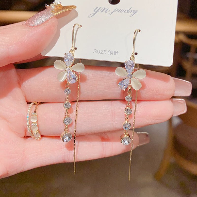 Pearl Flower Earrings Korean Geometric Long Opal-Jewearrings