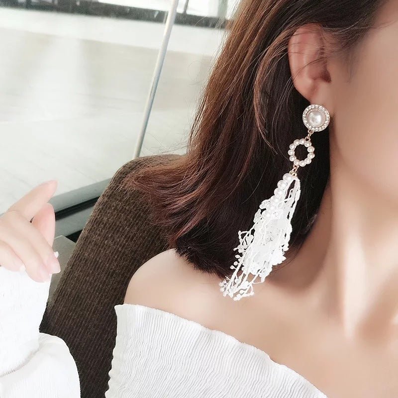 Pearl Flower Earrings - Ladies Fringed Lace-Jewearrings