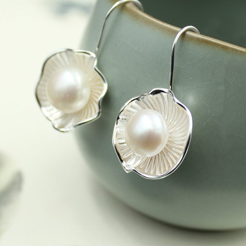 Pearl Flower Earrings Lotus Design-Jewearrings