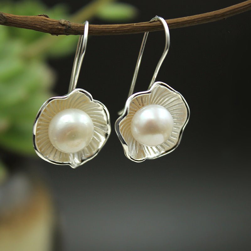 Pearl Flower Earrings Lotus Design-Jewearrings