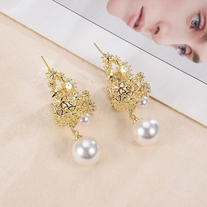 Pearl Flower Earrings Micro-inlaid Hollow-Jewearrings