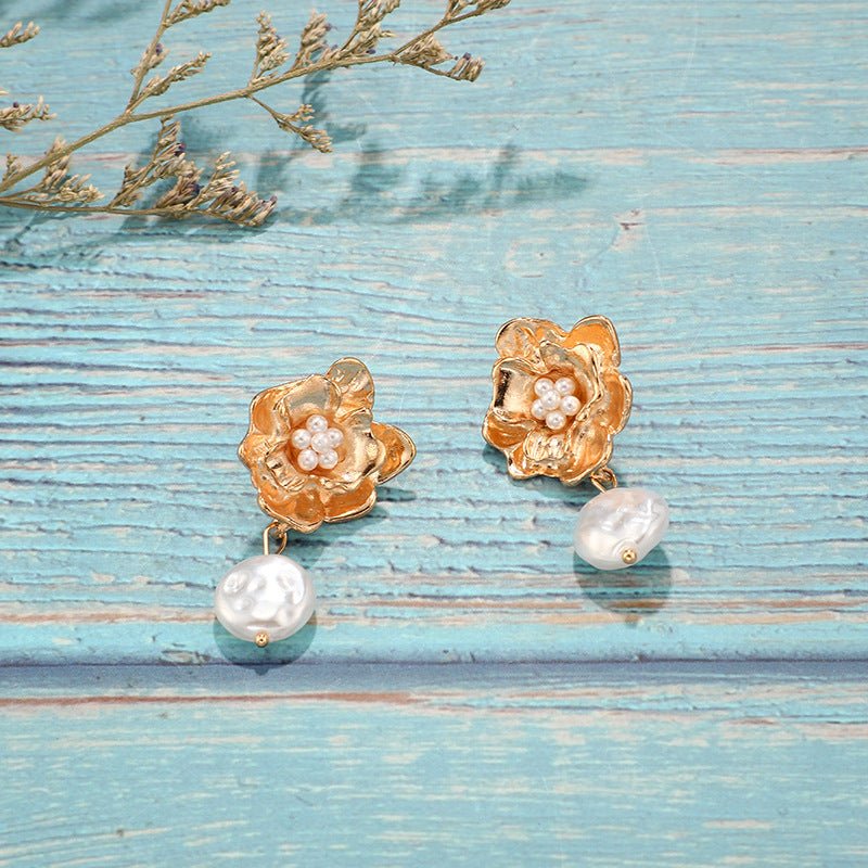 Pearl Flower Earrings Pendant Earrings-Jewearrings