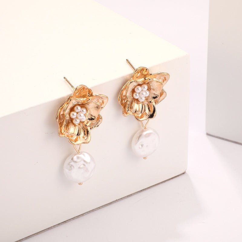 Pearl Flower Earrings Pendant Earrings-Jewearrings