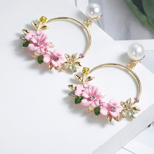 Pearl Flower Earrings Pink Flower-Jewearrings